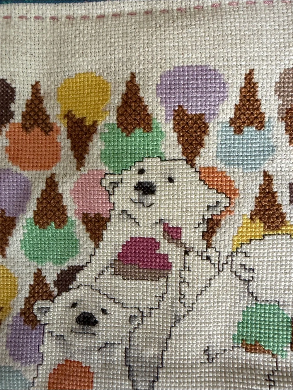 Vintage Cross Stitch Cloth Wall Hanging w. Polar Bears & Ice Cream. Pastels. 90s